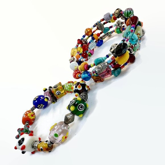 Glass Bracelet, Beaded, Lamp Work, Bohemian, Rainbow Shades, Art Glass, Boho - Picture 3 of 5